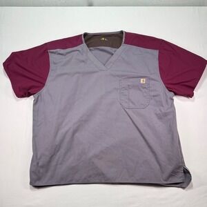 Carhartt Mens Scrub Top V Neck Short Sleeve Medical Uniform Gray Burgundy 3XL